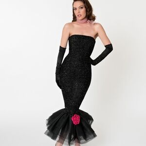 Barbie X Unique Vintage Solo Black Strapless Dress with Pink Rose Detail